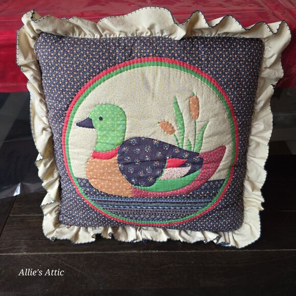 2 Handmade Mallard Duck Colorful Throw Couch Pillow Blue Embroidered Ruffle 15" - Picture 2 of 6